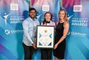 17 May 2022; Her Sport representatives, from left, Mohammed Mahomed, co-Founder of Her Sport, Alanna Cunnane, writer with Her Sport, and Niamh Tallon, co-Foundeer of Her Sport, with their award for Best Use of Communications Platforms in Sport during the Irish Sport Industry Awards 2022, in association with Clubforce, at The Westin Hotel in Dublin. Photo by Stephen McCarthy/Sportsfile