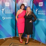 17 May 2022; MC Gráinne McElwain and Clare Louise O’Donoghue, Commercial & Business Services Manager, Federation of Irish Sport, during the Irish Sport Industry Awards 2022, in association with Clubforce, at The Westin Hotel in Dublin. Photo by Stephen McCarthy/Sportsfile