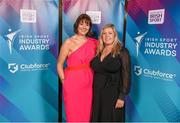 17 May 2022; MC Gráinne McElwain and Clare Louise O’Donoghue, Commercial & Business Services Manager, Federation of Irish Sport, during the Irish Sport Industry Awards 2022, in association with Clubforce, at The Westin Hotel in Dublin. Photo by Stephen McCarthy/Sportsfile