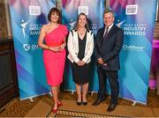 17 May 2022; MC Gráinne McElwain, Mary O'Connor, CEO, Federation of Irish Sport, and Rob Hartnett, CEO and Founder of Sport for Business, during the Irish Sport Industry Awards 2022, in association with Clubforce, at The Westin Hotel in Dublin. Photo by Stephen McCarthy/Sportsfile