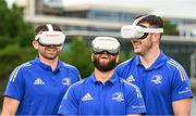 18 May 2022; BearingPoint, the official innovation partner of Leinster Rugby, has today hosted a milestone event showcasing the capabilities of metaverse technology for the Leinster Rugby sporting community, pictured is Leinster Rugby players from left, Hugo Keenan, Jamison Gibson-Park and Will Connors at the UCD University Club in Dublin. Photo by Harry Murphy/Sportsfile