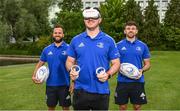 18 May 2022; BearingPoint, the official innovation partner of Leinster Rugby, has today hosted a milestone event showcasing the capabilities of metaverse technology for the Leinster Rugby sporting community, pictured are Leinster Rugby players, from left, Jamison Gibson-Park, Will Connors and Hugo Keenan at the UCD University Club in Dublin. Photo by Harry Murphy/Sportsfile