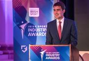 17 May 2022; Jack Chambers TD, Minister of State for Sport and the Gaeltacht, speaking during the Irish Sport Industry Awards 2022, in association with Clubforce, at The Westin Hotel in Dublin. Photo by Stephen McCarthy/Sportsfile