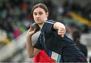 18 May 2022; Emma Sinova of Colaiste Chraobh Abhann, Kilcoole, Wicklow, competing in the Minor Girls Shot Put during day one of the Irish Life Health Leinster Schools Track and Field Championships at Morton Stadium in Santry, Dublin. Photo by Seb Daly/Sportsfile