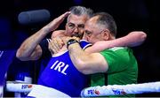 18 May 2022; Lisa O'Rourke of Ireland celebrates with coaches John Conlan and Zaur Antia after victory over Sema Caliskan of Turkey in their Light Middleweight 70kg semi-final bout during the IBA Women's World Boxing Championships 2022 at the Basaksehir Sports Complex in Istanbul, Turkey. Photo by IBA via Sportsfile