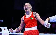 18 May 2022; Amy Broadhurst of Ireland celebrates after victory over Parveen Hooda of India in their Light Welterweight 63kg semi-final bout during the IBA Women's World Boxing Championships 2022 at the Basaksehir Sports Complex in Istanbul, Turkey. Photo by IBA via Sportsfile