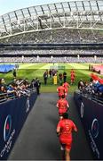 14 May 2022; The Toulouse team run out before the Heineken Champions Cup Semi-Final match between Leinster and Toulouse at Aviva Stadium in Dublin. Photo by Ramsey Cardy/Sportsfile