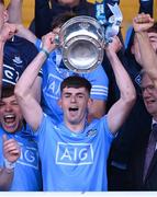 18 May 2022; Dublin's Clyde Burke lifts the cup after the Electric Ireland Leinster GAA Minor Football Championship Final match between Dublin and Kildare at MW Hire O'Moore Park in Portlaoise, Laois. Photo by Stephen McCarthy/Sportsfile