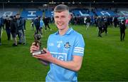 18 May 2022; Ryan Mitchell of Dublin is presented with the Electric Ireland Best & Fairest Award after the Electric Ireland Leinster GAA Minor Football Championship Final match between Dublin and Kildare at MW Hire O'Moore Park in Portlaoise, Laois. Photo by Stephen McCarthy/Sportsfile