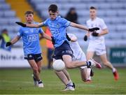 18 May 2022; Luke O'Boyle of Dublin shoots to score his side's second goal during the Electric Ireland Leinster GAA Minor Football Championship Final match between Dublin and Kildare at MW Hire O'Moore Park in Portlaoise, Laois. Photo by Stephen McCarthy/Sportsfile
