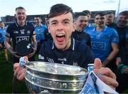 18 May 2022; Dublin goalkeeper David Leonard celebrates with the cup after the Electric Ireland Leinster GAA Minor Football Championship Final match between Dublin and Kildare at MW Hire O'Moore Park in Portlaoise, Laois. Photo by Stephen McCarthy/Sportsfile