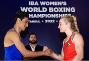 19 May 2022; Amy Broadhurst of Ireland, right, and Imane Khelif of Algeria after the weigh in before their Light Welterweight 63kg final bout in the IBA Women's World Boxing Championships 2022 at the Basaksehir Sports Complex in Istanbul, Turkey. Photo by IBA via Sportsfile