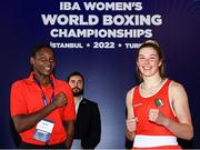19 May 2022; Lisa O'Rourke of Ireland, right, and Alcinda Panguane of Mozambique after the weigh in before their Light Middleweight 70kg semi-final bout in the IBA Women's World Boxing Championships 2022 at the Basaksehir Sports Complex in Istanbul, Turkey. Photo by IBA via Sportsfile