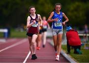 19 May 2022; India Cunniffe of Pres College Tuam, Galway, left, and Savanagh O'Callaghan of Mercy Tuam, Galway, competing in the Junior Girls Walk event at the Irish Life Health Connacht Schools Track and Field Championships at TUS Athlone in Westmeath. Photo by Ben McShane/Sportsfile