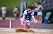 19 May 2022; Cian Galvin of SM Strokestown, Roscommon, competing in the Senior Boys Long Jump event at the Irish Life Health Connacht Schools Track and Field Championships at TUS Athlone in Westmeath. Photo by Ben McShane/Sportsfile