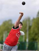 19 May 2022; Leon Reape of St Josephs Foxford, Mayo, competing in the Minor Boys Shot Put event at the Irish Life Health Connacht Schools Track and Field Championships at TUS Athlone in Westmeath. Photo by Ben McShane/Sportsfile