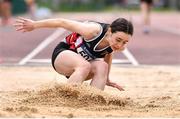 19 May 2022; Kate Mullarkey of St Attractas Tubbercurry, Sligo, competing in the Junior Girls Long Jump event at the Irish Life Health Connacht Schools Track and Field Championships at TUS Athlone in Westmeath. Photo by Ben McShane/Sportsfile