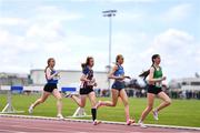19 May 2022; Intermediate Girls 800m competitors, from left, Grace Jennings of Ballinrobe CS, Mayo, Aoibhinn Redington of Pres College Tuam, Galway, Hollie Kilroe of Mercy Roscommon and Isabella Burke of Calasanctius Oranmore, Galway, at the Irish Life Health Connacht Schools Track and Field Championships at TUS Athlone in Westmeath. Photo by Ben McShane/Sportsfile
