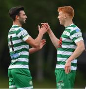 19 May 2022; Danny Mandroiu, left, of Shamrock Rovers celebrates with teammate Rory Gaffney after scoring their side's second during the SSE Airtricity League Premier Division match between UCD and Shamrock Rovers at UCD Bowl in Belfield, Dublin. Photo by Brendan Moran/Sportsfile