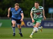 19 May 2022; Andy Lyons of Shamrock Rovers in action against Eoin Farrell of UCD during the SSE Airtricity League Premier Division match between UCD and Shamrock Rovers at UCD Bowl in Belfield, Dublin. Photo by Brendan Moran/Sportsfile