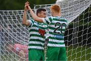 19 May 2022; Aaron Greene of Shamrock Rovers, left, congratulates teammate Rory Gaffney on scoring their side's third goal during the SSE Airtricity League Premier Division match between UCD and Shamrock Rovers at UCD Bowl in Belfield, Dublin. Photo by Brendan Moran/Sportsfile
