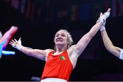 19 May 2022; Amy Broadhurst of Ireland celebrates victory over Imane Khelif of Algeria in their Light Welterweight 63kg final bout during the IBA Women's World Boxing Championships 2022 at the Basaksehir Sports Complex in Istanbul, Turkey. Photo by IBA via Sportsfile