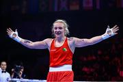 19 May 2022; Amy Broadhurst of Ireland celebrates victory over Imane Khelif of Algeria in their Light Welterweight 63kg final bout during the IBA Women's World Boxing Championships 2022 at the Basaksehir Sports Complex in Istanbul, Turkey. Photo by IBA via Sportsfile