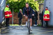 20 May 2022; Stewart Moore of Ulster arrives by bicycle before the United Rugby Championship match between Ulster and Cell C Sharks at Kingspan Stadium in Belfast. Photo by Brendan Moran/Sportsfile