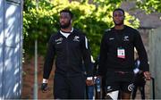 20 May 2022; Siya Kolisi, left, and Aphelele Fassi of Cell C Sharks arrive before the United Rugby Championship match between Ulster and Cell C Sharks at Kingspan Stadium in Belfast. Photo by Brendan Moran/Sportsfile