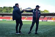 20 May 2022; Derry City manager Ruaidhrí Higgins, left, and Dundalk head coach Stephen O'Donnell before the SSE Airtricity League Premier Division match between Derry City and Dundalk at The Ryan McBride Brandywell Stadium in Derry. Photo by Ben McShane/Sportsfile