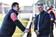 20 May 2022; Dundalk goalkeeping coach Dermot O'Neill, left, in conversation with former Derry City player and manager Felix Healy before the SSE Airtricity League Premier Division match between Derry City and Dundalk at The Ryan McBride Brandywell Stadium in Derry. Photo by Ben McShane/Sportsfile