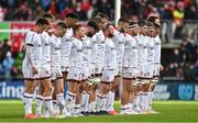 20 May 2022; The Ulster team stand for a minute's silence before the United Rugby Championship match between Ulster and Cell C Sharks at Kingspan Stadium in Belfast. Photo by Brendan Moran/Sportsfile
