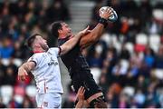 20 May 2022; Henco Venter of Cell C Sharks wins a lineout from Alan O’Connor of Ulster during the United Rugby Championship match between Ulster and Cell C Sharks at Kingspan Stadium in Belfast. Photo by Brendan Moran/Sportsfile