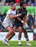 20 May 2022; Jaden Hendrikse of Cell C Sharks is tackled by Rob Herring of Ulster during the United Rugby Championship match between Ulster and Cell C Sharks at Kingspan Stadium in Belfast. Photo by Brendan Moran/Sportsfile