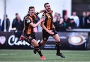 20 May 2022; Robbie Benson of Dundalk celebrates with teammate Daniel Kelly, left, after scoring his side's first goal during the SSE Airtricity League Premier Division match between Derry City and Dundalk at The Ryan McBride Brandywell Stadium in Derry. Photo by Ben McShane/Sportsfile