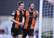 20 May 2022; Robbie Benson of Dundalk celebrates with teammate Daniel Kelly, left, after scoring his side's first goal during the SSE Airtricity League Premier Division match between Derry City and Dundalk at The Ryan McBride Brandywell Stadium in Derry. Photo by Ben McShane/Sportsfile