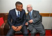 20 May 2022; Republic of Ireland international Gavin Bazunu and former Republic of Ireland kit manager Charlie O'Leary before the FAI Centenary Late Late Show Special at RTE Studios in Dublin. Photo by Stephen McCarthy/Sportsfile