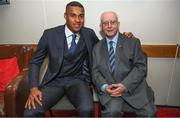 20 May 2022; Republic of Ireland international Gavin Bazunu and former Republic of Ireland kit manager Charlie O'Leary before the FAI Centenary Late Late Show Special at RTE Studios in Dublin. Photo by Stephen McCarthy/Sportsfile