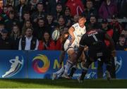 20 May 2022; Ethan McIlroy of Ulster back hand passing the ball to set up Ulster's first try during the United Rugby Championship match between Ulster and Cell C Sharks at Kingspan Stadium in Belfast. Photo by George Tewkesbury/Sportsfile