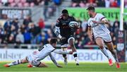 20 May 2022; Aphelele Fassi of Cell C Sharks is tackled by Billy Burns of Ulster during the United Rugby Championship match between Ulster and Cell C Sharks at Kingspan Stadium in Belfast. Photo by Brendan Moran/Sportsfile