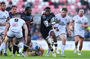 20 May 2022; Aphelele Fassi of Cell C Sharks makes a break during the United Rugby Championship match between Ulster and Cell C Sharks at Kingspan Stadium in Belfast. Photo by Brendan Moran/Sportsfile