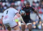 20 May 2022; Makazole Mapimpi of Cell C Sharks in action against Andrew Warwick of Ulster during the United Rugby Championship match between Ulster and Cell C Sharks at Kingspan Stadium in Belfast. Photo by Brendan Moran/Sportsfile