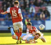 20 May 2022; Aaron O’Driscoll of Shelbourne is tackled by Ben McCormack of St Patrick's Athletic during the SSE Airtricity League Premier Division match between St Patrick's Athletic and Shelbourne at Richmond Park in Dublin. Photo by Eóin Noonan/Sportsfile