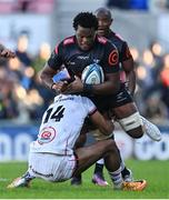 20 May 2022; Phepsi Buthelezi of Cell C Sharks is tackled by Rob Baloucoune of Ulster during the United Rugby Championship match between Ulster and Cell C Sharks at Kingspan Stadium in Belfast. Photo by Brendan Moran/Sportsfile