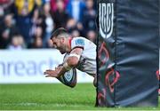20 May 2022; Stuart McCloskey of Ulster scores his side's second try during the United Rugby Championship match between Ulster and Cell C Sharks at Kingspan Stadium in Belfast. Photo by Brendan Moran/Sportsfile