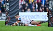 20 May 2022; Stuart McCloskey of Ulster scores his side's second try during the United Rugby Championship match between Ulster and Cell C Sharks at Kingspan Stadium in Belfast. Photo by Brendan Moran/Sportsfile