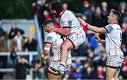 20 May 2022; Stuart McCloskey of Ulster celebrates with teammates Tom O’Toole and John Cooney after scoring his side's second try during the United Rugby Championship match between Ulster and Cell C Sharks at Kingspan Stadium in Belfast. Photo by Brendan Moran/Sportsfile