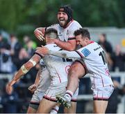 20 May 2022; Stuart McCloskey of Ulster celebrates with teammates Tom O’Toole and Billy Burns after scoring his side's second try during the United Rugby Championship match between Ulster and Cell C Sharks at Kingspan Stadium in Belfast. Photo by Brendan Moran/Sportsfile
