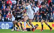 20 May 2022; Stuart McCloskey of Ulster breaks through the tackle of Aphelele Fassi of Cell C Sharks on the way to scoring his side's second try during the United Rugby Championship match between Ulster and Cell C Sharks at Kingspan Stadium in Belfast. Photo by Brendan Moran/Sportsfile