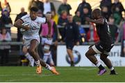 20 May 2022; Rob Baloucoune of Ulster running with the ball towards Aphelele Fassi of Cell C Sharks and Makazole Mapimpi of Cell C Sharks during the United Rugby Championship match between Ulster and Cell C Sharks at Kingspan Stadium in Belfast. Photo by George Tewkesbury/Sportsfile